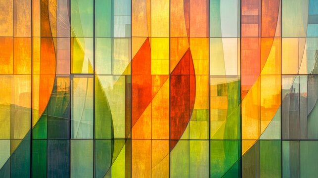 Vibrant geometric patterns of a colorful glass facade in modern architectural design