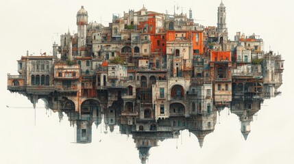 Intricate urban agglomeration suspended mid-air, complex architectural design with warm color palette evoking a surreal cityscape concept
