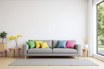 modern living room large window trees greenery gray sofa colorful pillows