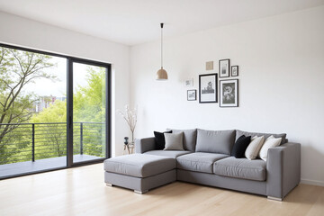 Fototapeta premium modern living room large window trees gray sofa black and white pillows