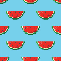 8 bit seamless pattern with watermelon slices. Background in vintage pixel style of the 90s