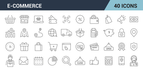E-Commerce Line Editable Icons Set. Online shopping, web, mobile app, Business, shop, digital, marketing, bank, card, gifts, sale, delivery. Vector illustration.