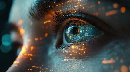 Close-up of a woman's profile with digital data overlay on her face. Futuristic, technology, and AI concepts merging human and digital elements.