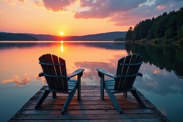 Naklejka premium Two weathered chairs on rustic pier, sunset hues on lake, sky, still