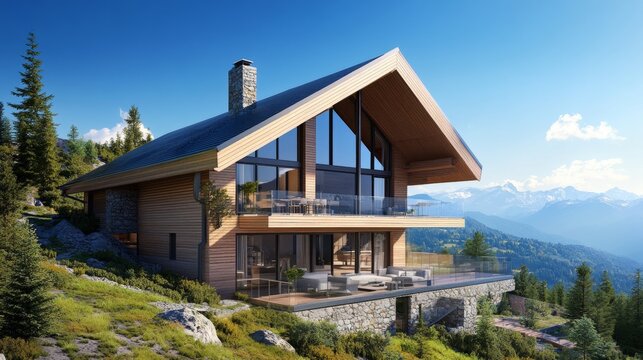 Contemporary mountain chalet design featuring expansive views and relaxing outdoor terrace