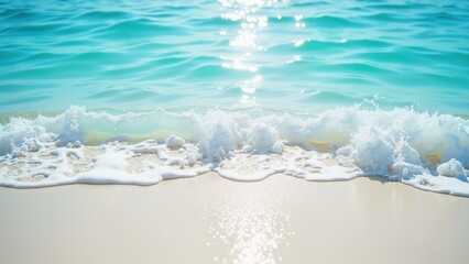 A gentle turquoise wave washes onto a white sandy beach under a clear sky. Ideal for travel, vacation, and spa-themed projects.