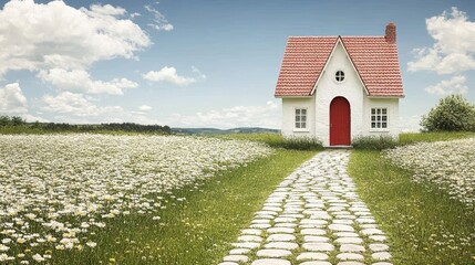 Idyllic dream home surrounded by a field of flowers under a bright sky promotes peace of mind for real estate advertising campaigns