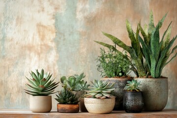 Fototapeta premium A plant care and interior styling concept with modern succulents and foliage plants, complemented by beige and earthy textures