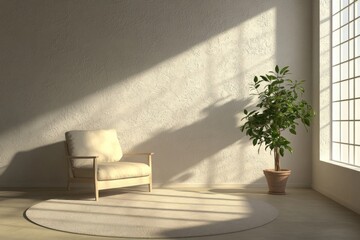 Fototapeta premium Sunlit room with armchair, plant, and rug.