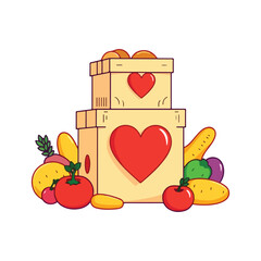 Food donations in cardboard boxes with hearts, symbolizing care and giving.