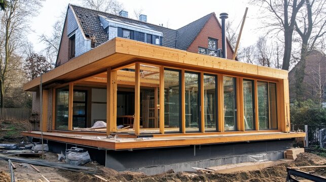 Contemporary wooden home extension in progress with large windows and eco friendly design features