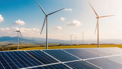 A serene landscape featuring wind turbines and solar panels, showcasing renewable energy sources against a bright blue sky.