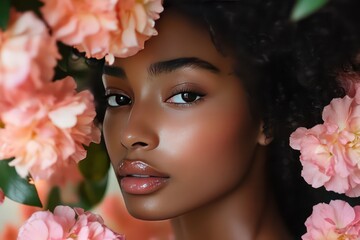 A poetic beauty image with a soft pastel background, where flowers frame the modelâ€™s face gracefully.