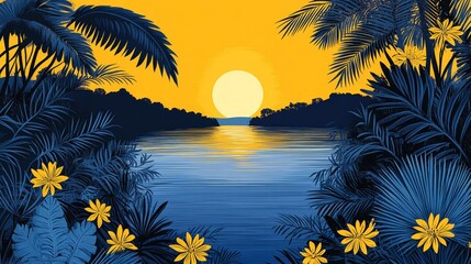 Pixelated tropical tranquility river sunset artwork evokes nostalgia with retro gaming vibe golden reflections create a peaceful atmosphere