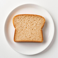 a professional studio top view photo of a whole grain slice of bread, on a white plate, on a flat pure white background.