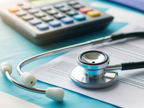 A stethoscope rests on medical documents beside a calculator, illustrating healthcare management and financial aspects in medicine.