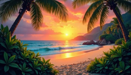 Lush foliage, vibrant sunset, pristine beach scene , vibrant, golden light