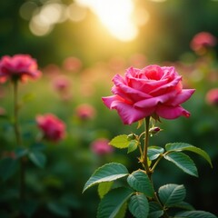 Rose stems and leaves in a wild rose bush with sunlight filtering through, landscape, plant life, horticulture
