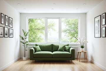Fototapeta premium modern living room large window green sofa framed pictures