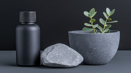 Black bottle, grey bowl, stone, eucalyptus; spa, wellness