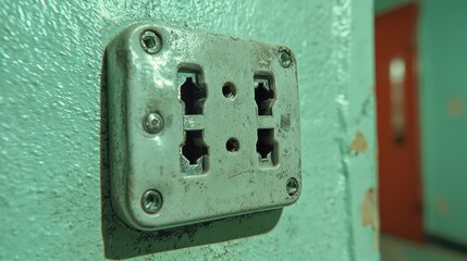 Old electrical outlet, worn wall, hallway background