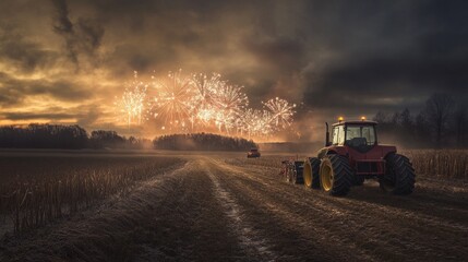 a very realistic photo of a Dutch country side in the winter with wide open lands with in the back a tractor. In the background and a lot of fireworks.