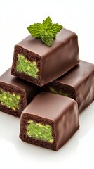 detailed shot of Dubai chocolate bars with pistachio paste filling, highlighting vibrant green color and luxurious texture