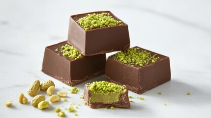 detailed shot of Dubai chocolate bars with pistachio paste filling, highlighting vibrant green color and luxurious texture