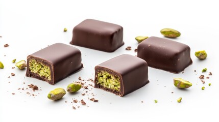 detailed shot of Dubai chocolate bars with pistachio paste filling, highlighting vibrant green color and luxurious texture