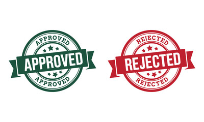 Approved and Rejected Rubber Stamp Vector – Green and Red Certification Badge, Denial Seal with Ribbon, Verified and Declined Label for Documents
