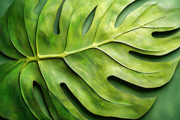 Close-up of a vibrant green Monstera deliciosa leaf, showcasing its unique texture and fenestrations.