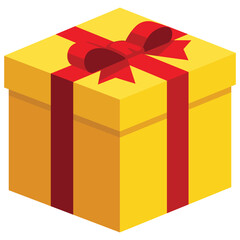 Single yellow square present / gift box with red ribbon bow flat design illustration. Simple isometric vector interface elements for app icon ui ux banner web invitation isolated on white background
