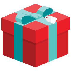 Single red square present / gift box with green ribbon bow flat design illustration. Simple isometric vector interface elements for app icon ui ux banner web invitation isolated on white background