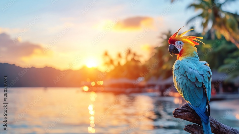 Poster a colorful macaw stands on a branch overlooking a serene tropical beach as the sun sets. palm trees 