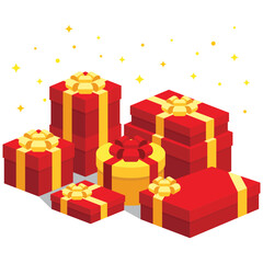 Big pile of red wrapped gift boxes with yellow ribbons flat design. Big on sale concept. Vector isometric icon interface elements app icon ui ux web banner isolated on white background