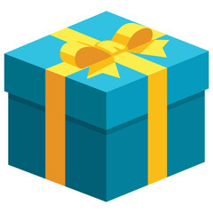 Single blue square present / gift box with yellow ribbon bow flat design illustration. Simple isometric vector interface elements for app icon ui ux banner web invitation isolated on white background