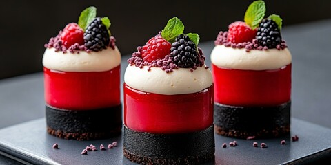 Close-up of delicious layered dessert with berries and cream in elegant setting