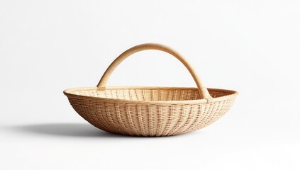 Fototapeta premium Round woven basket with handle on white background
