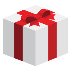 Single white square present / gift box with red ribbon bow flat design illustration. Simple isometric vector interface elements for app icon ui ux banner web invitation isolated on white background