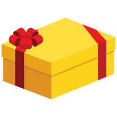 Single yellow square present / gift box with red ribbon bow flat design illustration. Simple isometric vector interface elements for app icon ui ux banner web invitation isolated on white background