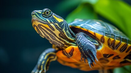 Closeup of a Colorful Turtle on Green Background