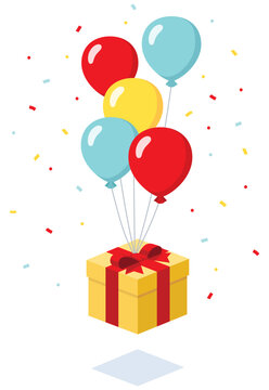 Happy anniversary with helium balloons, gift box. confetti flat design isometric illustration, vector ui interface decorative elements for icon app web banner card isolated on white background