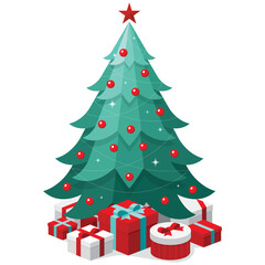 Simple green Christmas tree with colourful presents seasonal theme concept flat design isometric illustration, vector ui interface elements for icon app web banner card isolated on white background