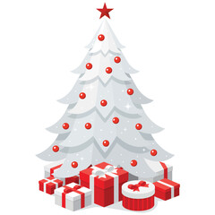 Simple white Christmas tree with colourful presents seasonal theme concept flat design isometric illustration, vector ui interface elements for icon app web banner card isolated on white background