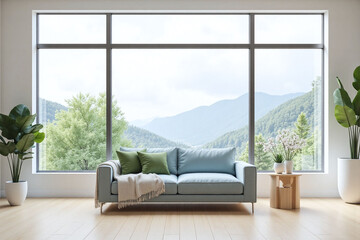 modern living room large window mountains greenery light blue sofa