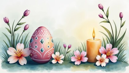 Artistic Easter Scene with Decorated Egg, Flowers, and Candle