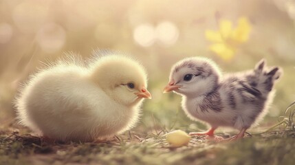 Two Fluffy Baby Chicks in a Sunny Field