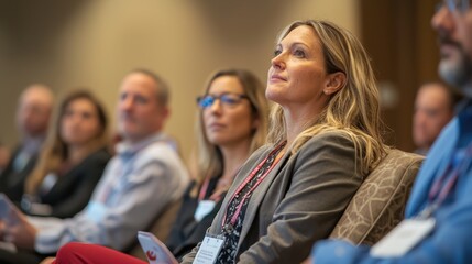 A group of professionals attending a conference with presentations.