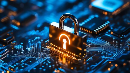 Cybersecurity Padlock on Circuit Board Digital Security