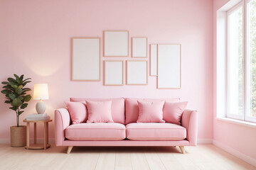 Fototapeta premium modern living room pink sofa light pink walls framed pictures